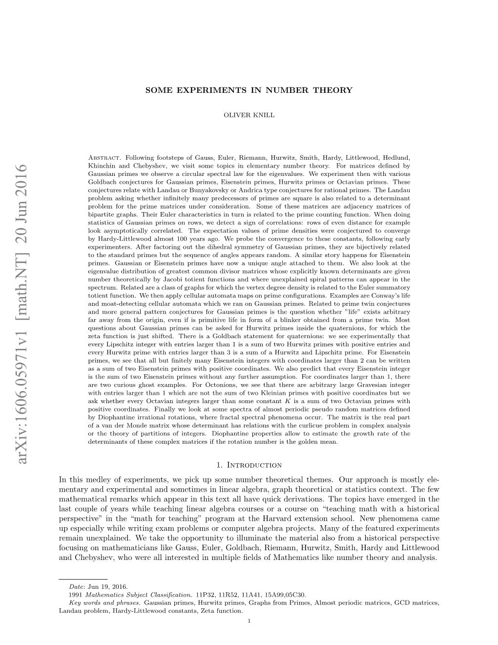 Arxiv:1606.05971V1 [Math.NT] 20 Jun 2016 1