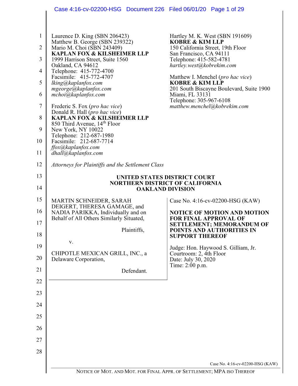 Notice of Motion and Motion for Final Approval of Settlement