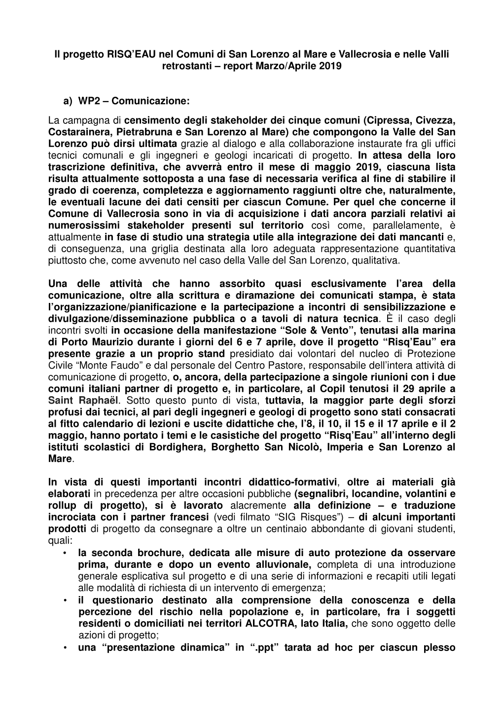 Il Progetto RISQ'eau Nel Comuni Di San Lorenzo Al Mare E Vallecrosia