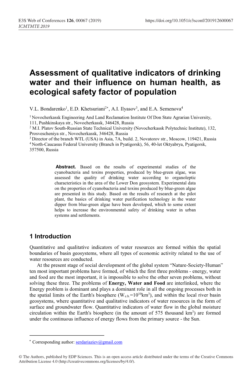 Assessment of Qualitative Indicators of Drinking Water and Their Influence on Human Health, As Ecological Safety Factor of Population