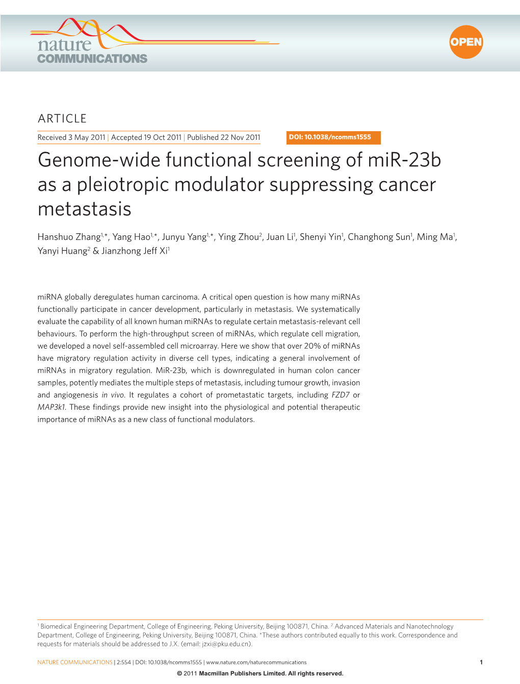 Genome-Wide Functional Screening of Mir-23B As a Pleiotropic Modulator Suppressing Cancer Metastasis