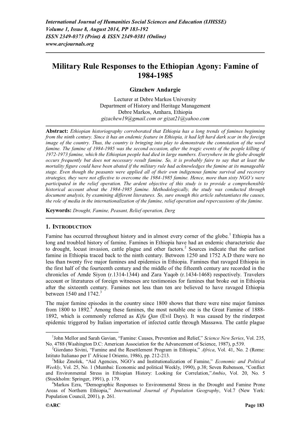 Military Rule Responses to the Ethiopian Agony: Famine of 1984-1985