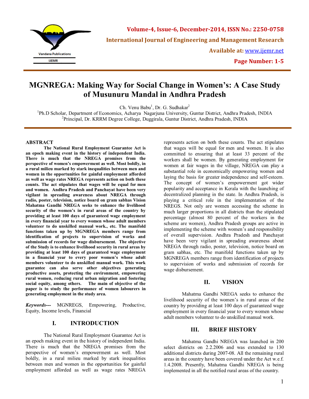 MGNREGA: Making Way for Social Change in Women’S: a Case Study of Musunuru Mandal in Andhra Pradesh