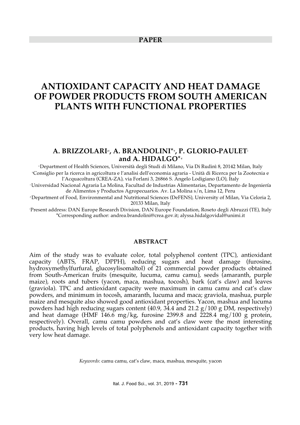 Antioxidant Capacity and Heat Damage of Powder Products from South American Plants with Functional Properties