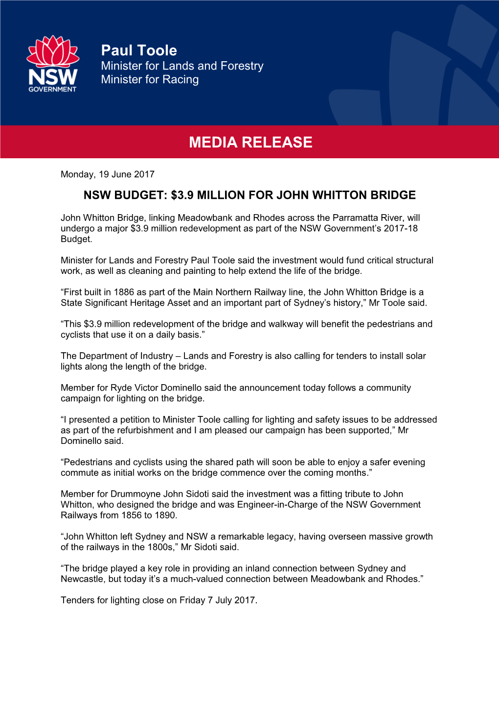 Nsw Budget: $3.9 Million for John Whitton Bridge