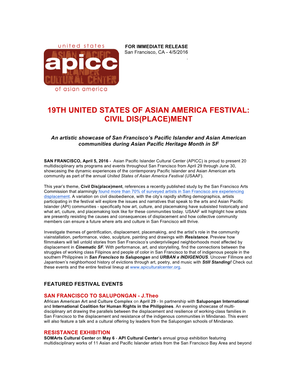 19Th United States of Asian America Festival: Civil Dis(Place)Ment