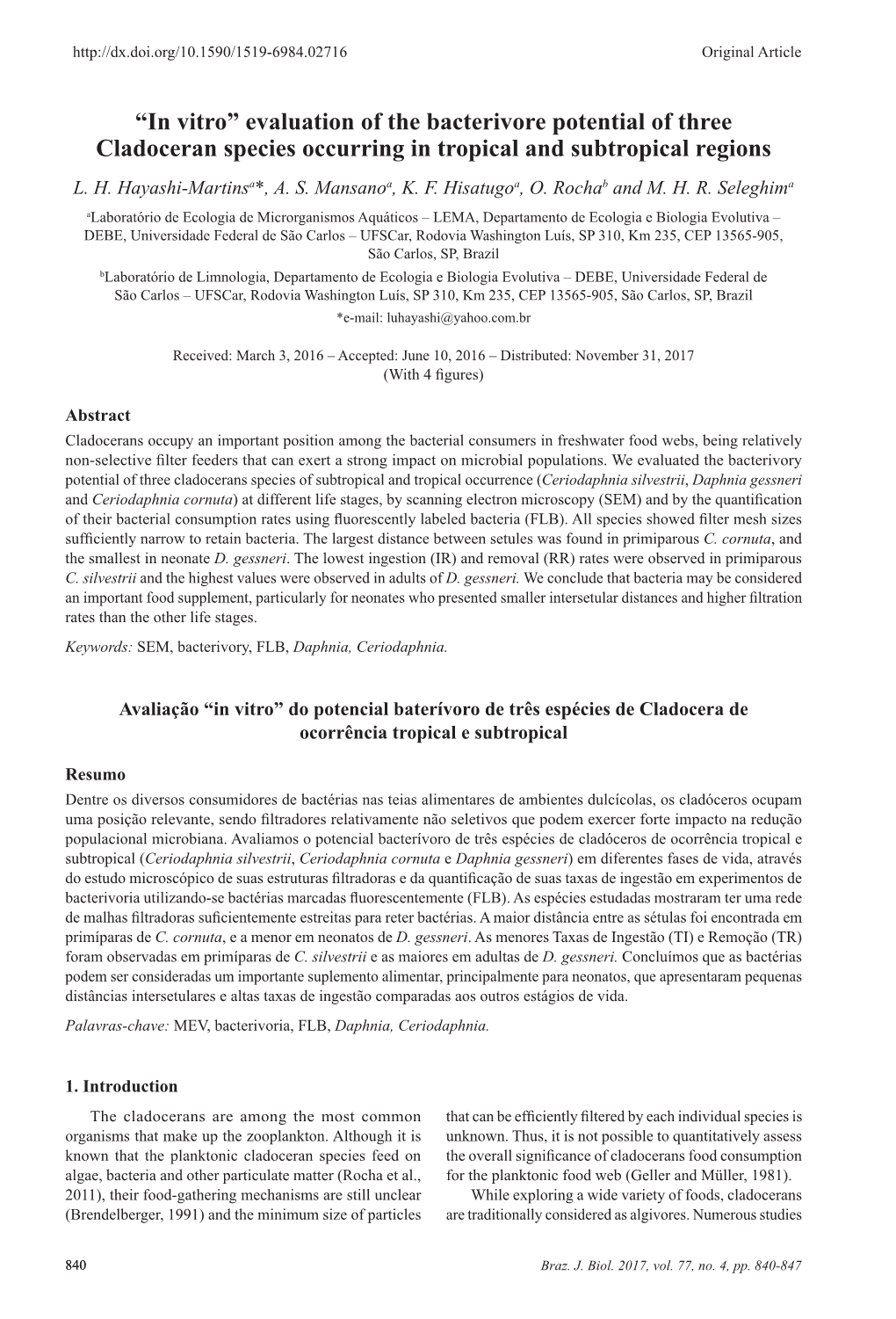 Evaluation of the Bacterivore Potential of Three Cladoceran Species Occurring in Tropical and Subtropical Regions L