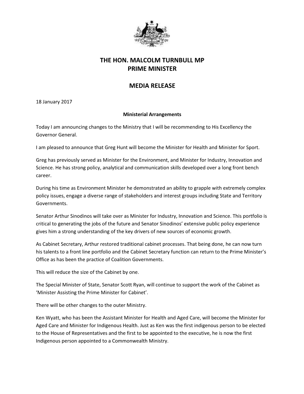 The Hon. Malcolm Turnbull Mp Prime Minister Media