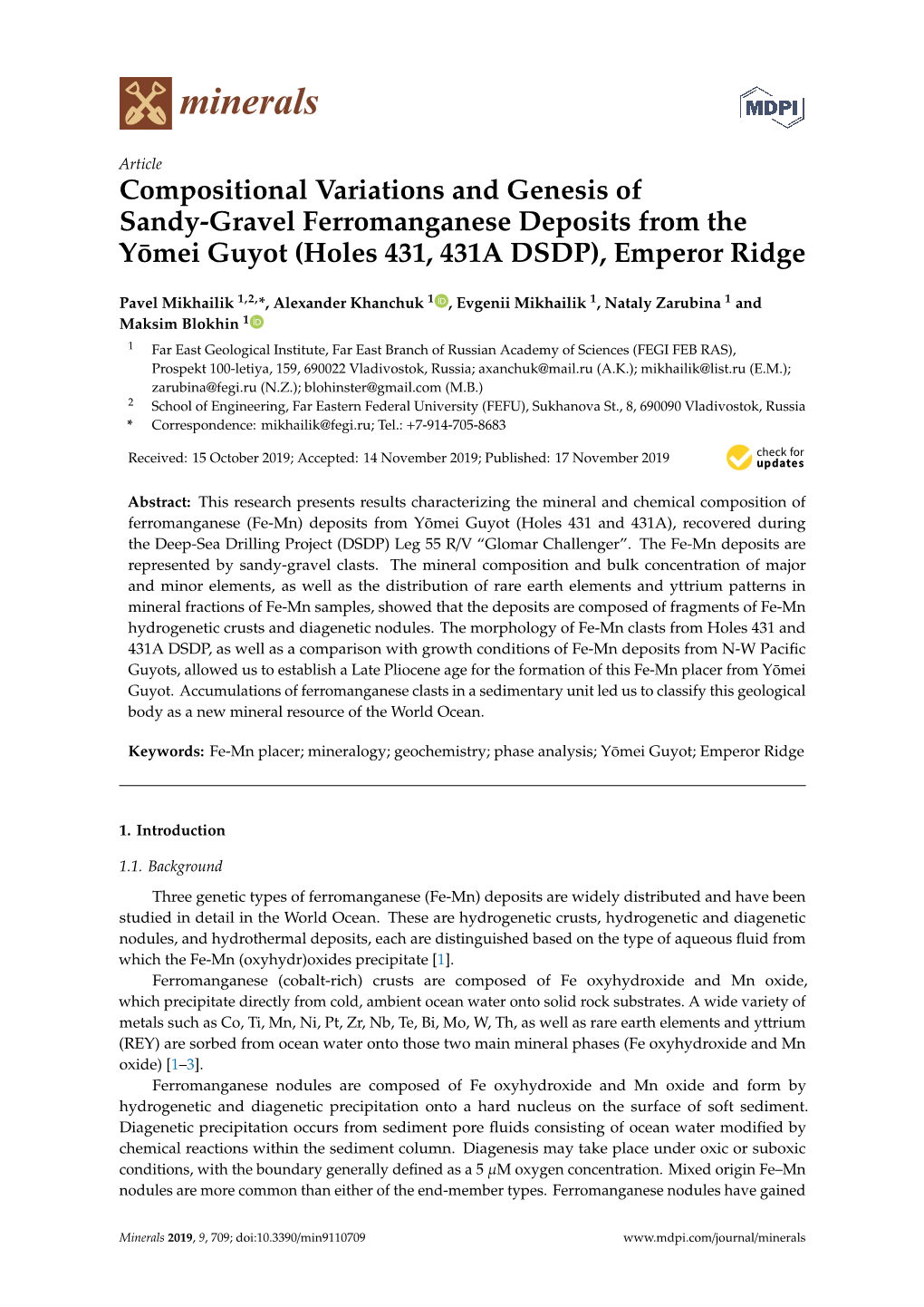 Compositional Variations and Genesis of Sandy-Gravel Ferromanganese Deposits from the Yomei¯ Guyot (Holes 431, 431A DSDP), Emperor Ridge