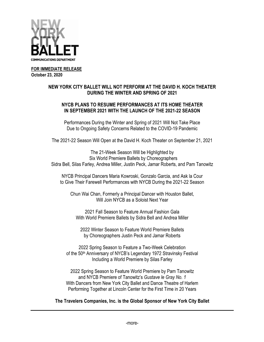 New York City Ballet Will Not Perform at the David H. Koch Theater During the Winter and Spring of 2021 Nycb Plans to Resume Pe