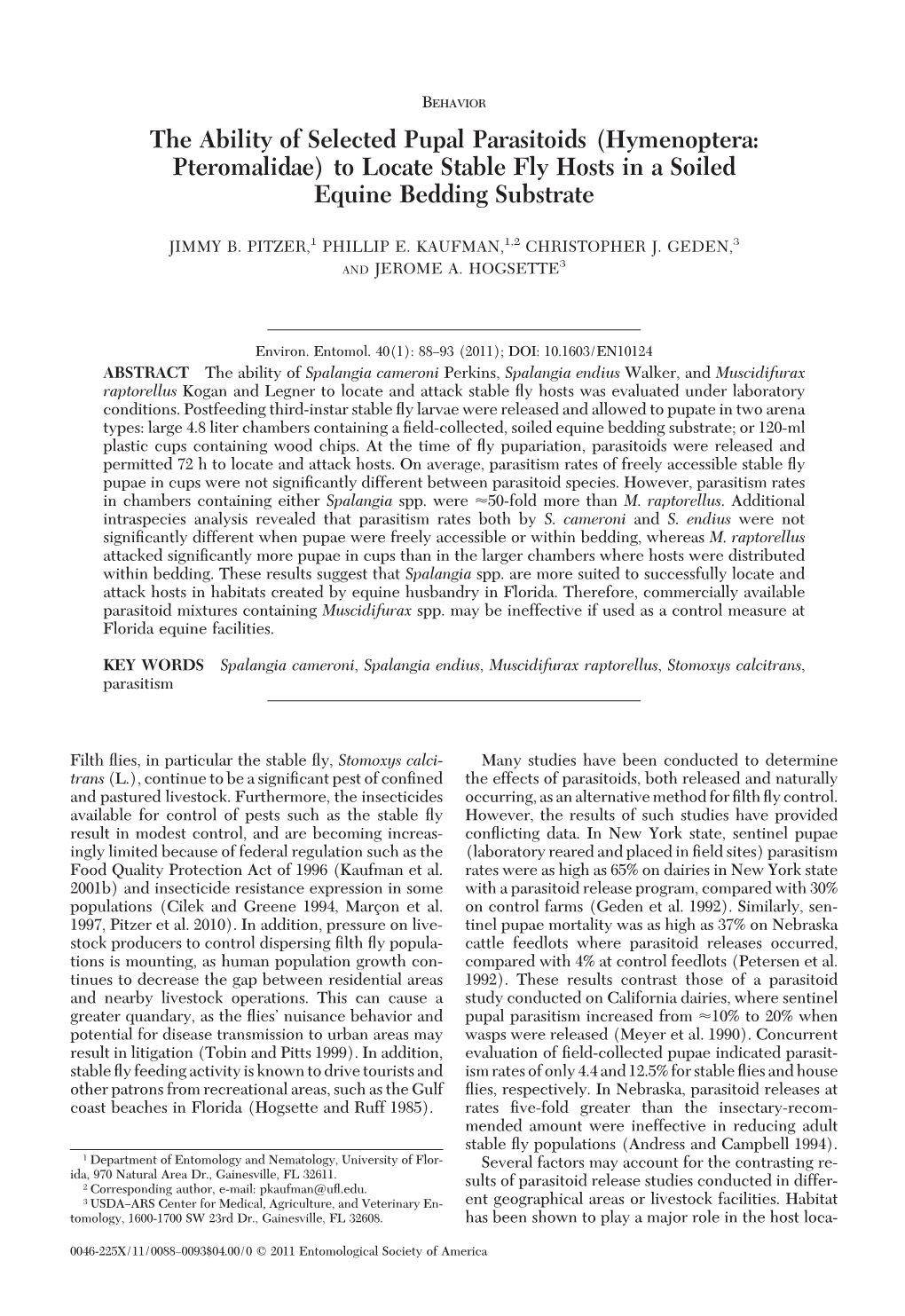 The Ability of Selected Pupal Parasitoids (Hymenoptera: Pteromalidae) to Locate Stable Fly Hosts in a Soiled Equine Bedding Substrate