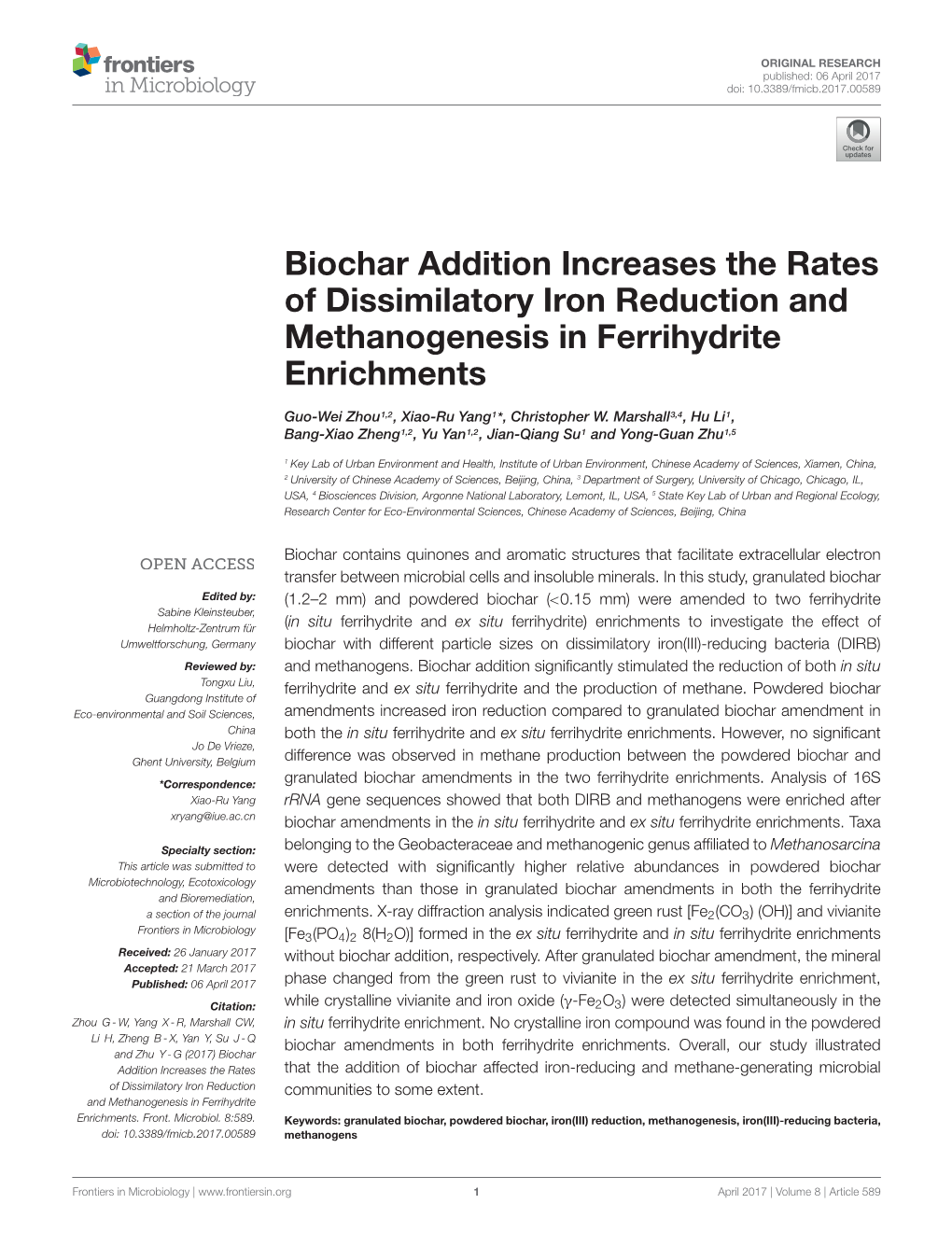 Biochar Addition Increases the Rates of Dissimilatory Iron Reduction and Methanogenesis in Ferrihydrite Enrichments