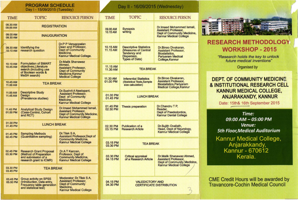 RESEARCH METHODOLOG WORKSHOP .2015 Kannur Medical