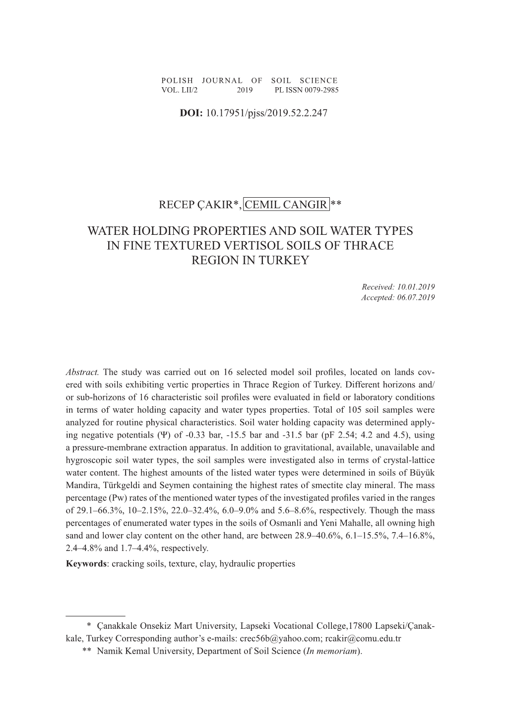 Water Holding Properties and Soil Water Types in Fine Textured Vertisol Soils of Thrace Region in Turkey