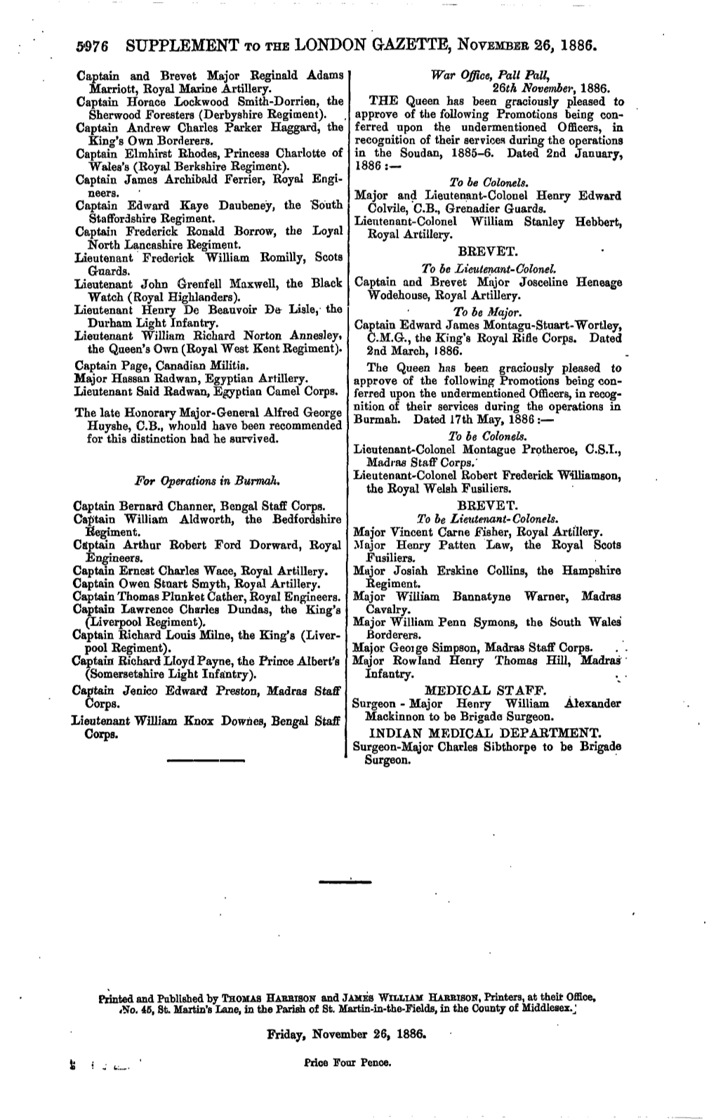 976 Supplement to the London Gazette, November 26, 1886