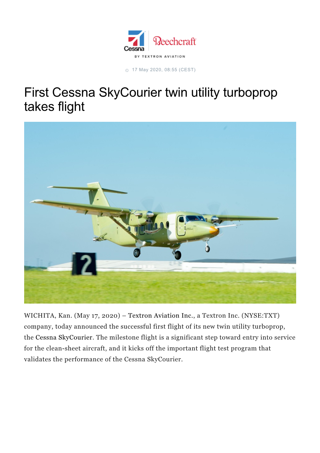 First Cessna Skycourier Twin Utility Turboprop Takes Flight