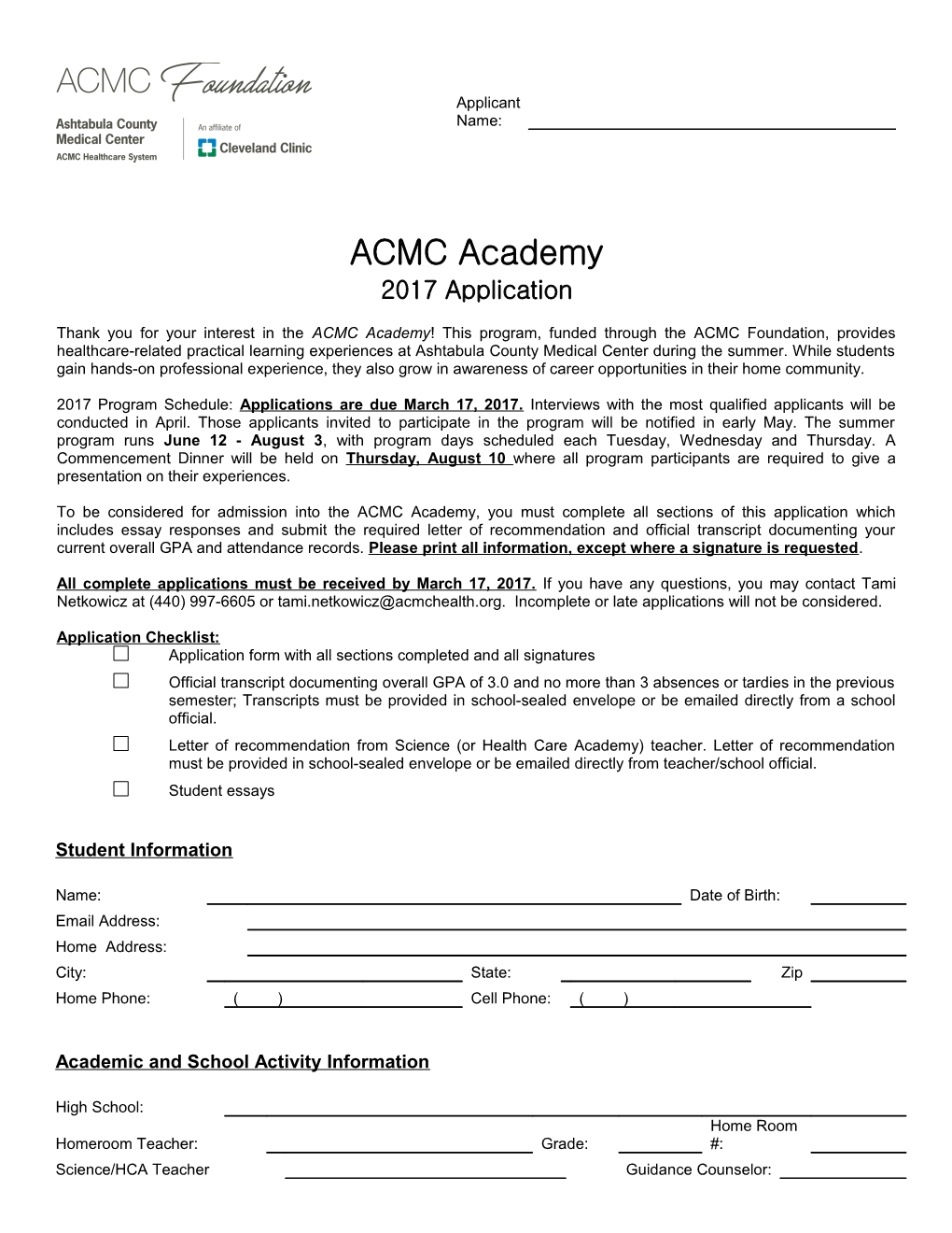 Thank You for Your Interest in the ACMC Academy! This Program, Funded Through the ACMC