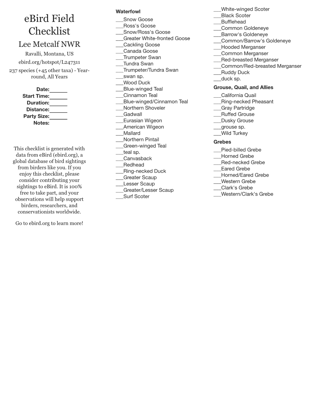 Ebird Field Checklist