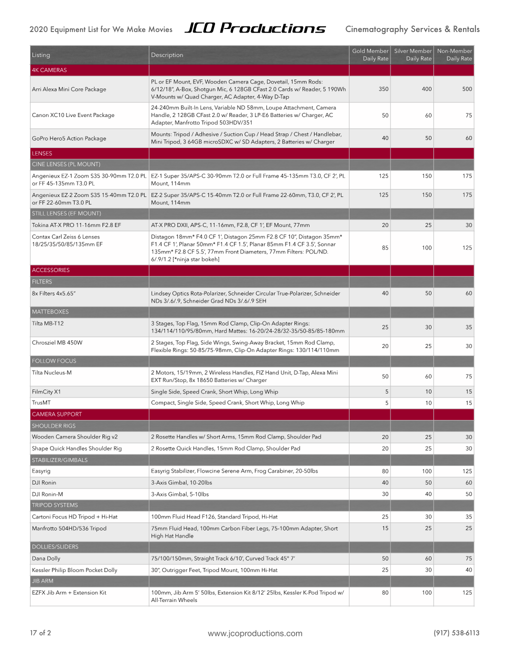 JCO Productions Master Equipment List-We Make Movies