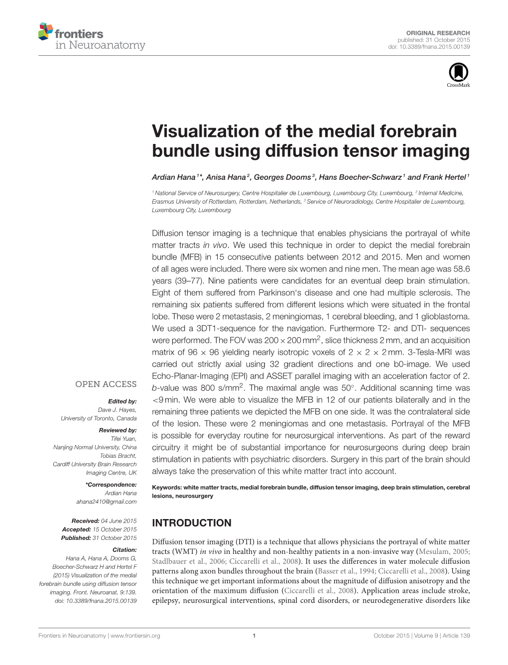 Visualization of the Medial Forebrain Bundle Using Diffusion Tensor Imaging