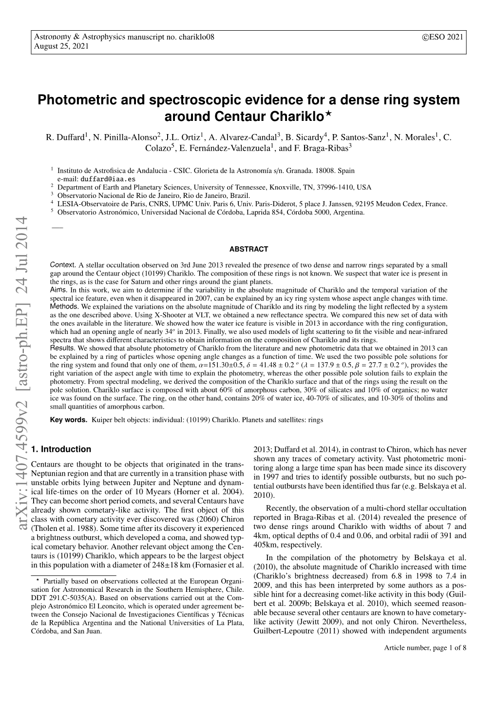 Photometric and Spectroscopic Evidence for a Dense Ring System Around Centaur Chariklo? R