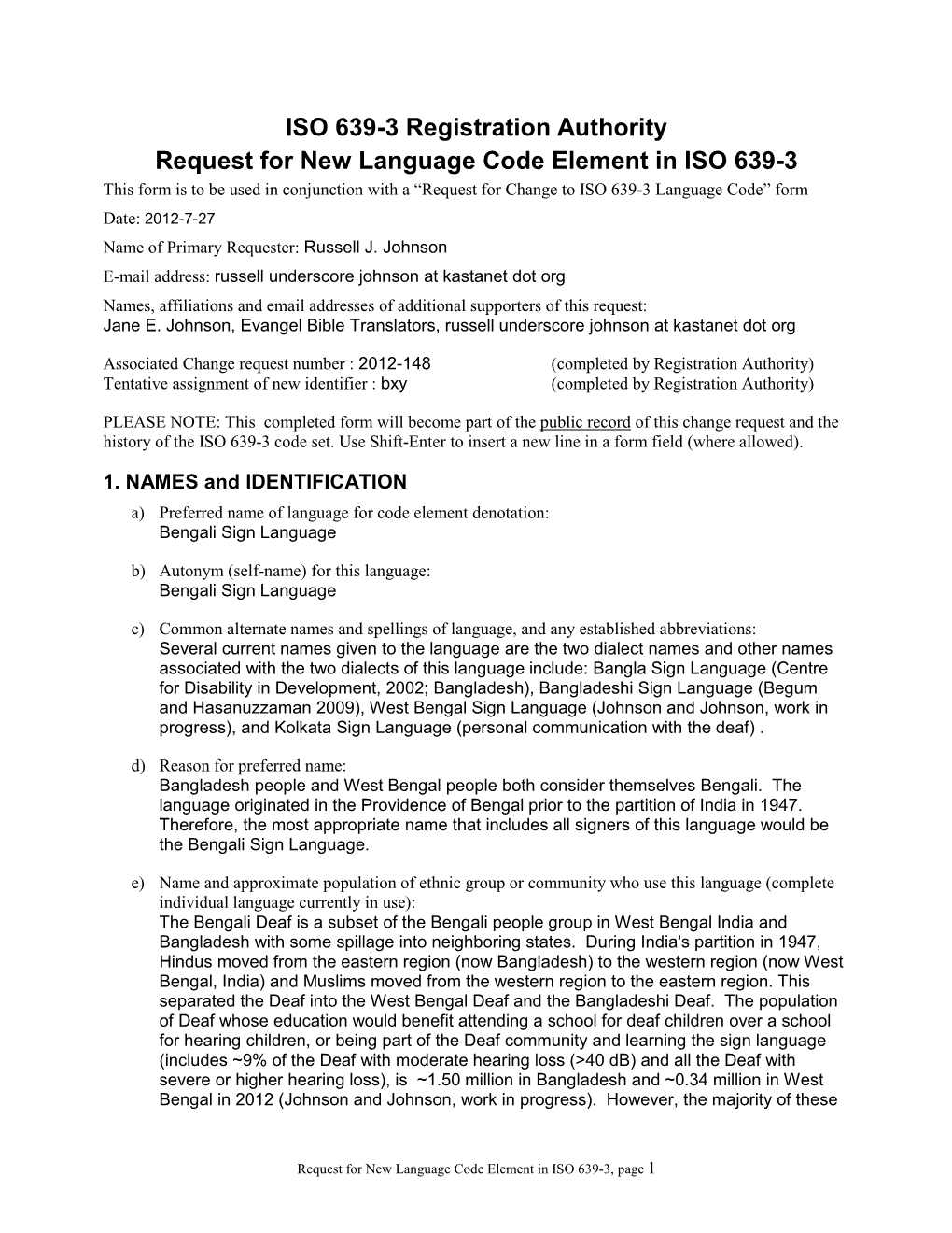 ISO 639-3 Registration Authority Request for New Language Code