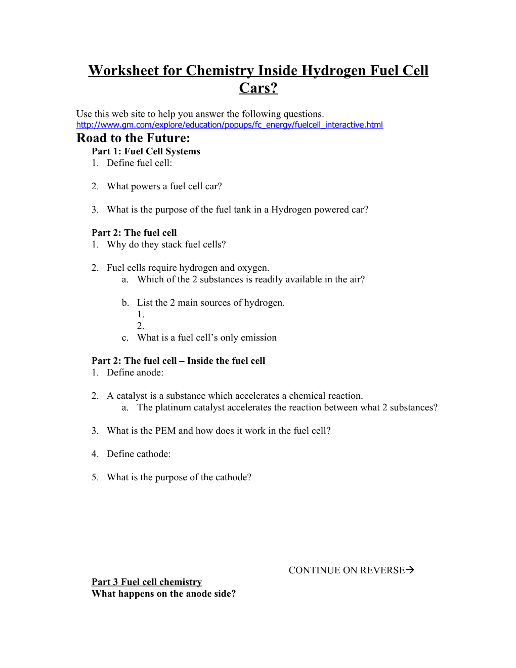 Worksheet for Will Fuel Cells Replace Gasoline Powered Cars