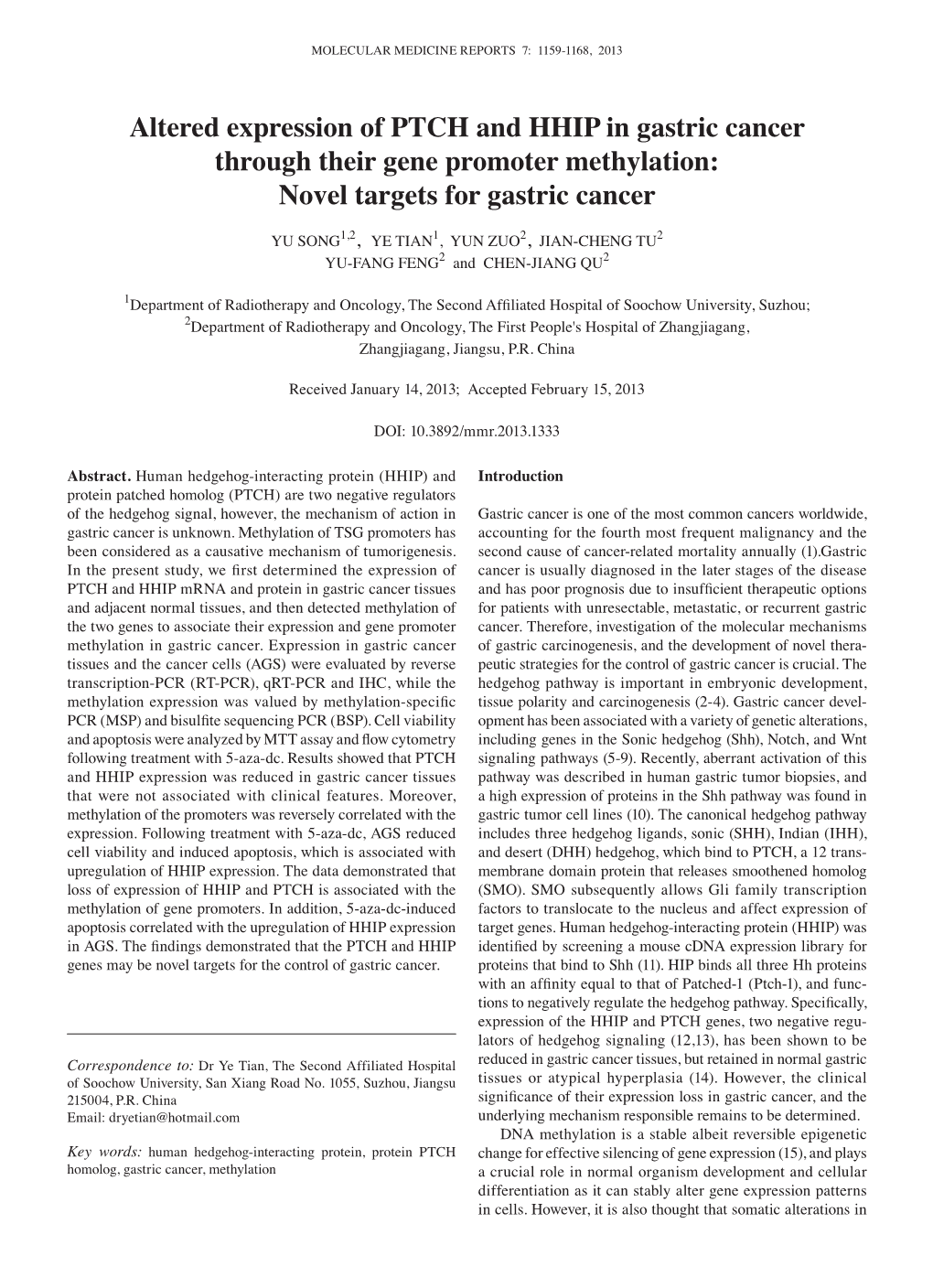 Altered Expression of PTCH and HHIP in Gastric Cancer Through Their Gene Promoter Methylation: Novel Targets for Gastric Cancer
