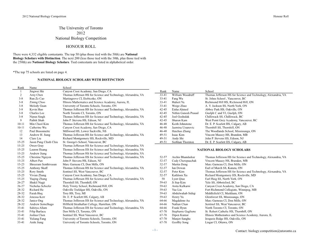 The University of Toronto 2012 National Biology Competition HONOUR ROLL