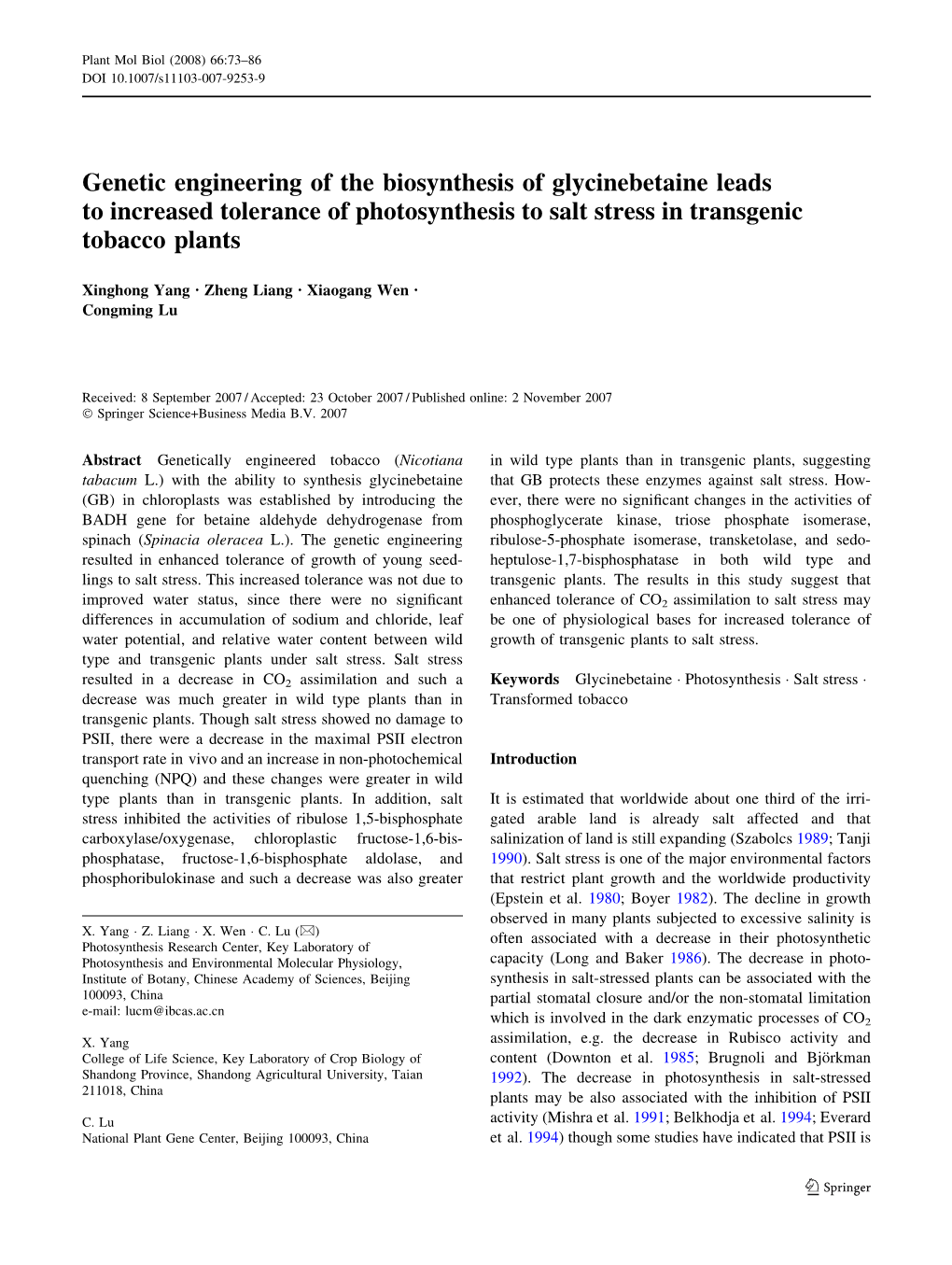 Genetic Engineering of the Biosynthesis of Glycinebetaine Leads to Increased Tolerance of Photosynthesis to Salt Stress in Transgenic Tobacco Plants