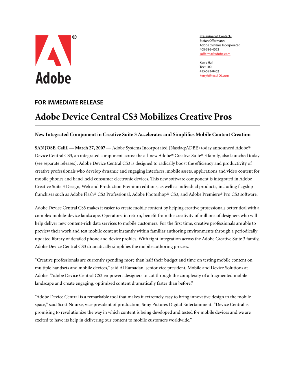 Adobe Device Central CS3 Mobilizes Creative Pros