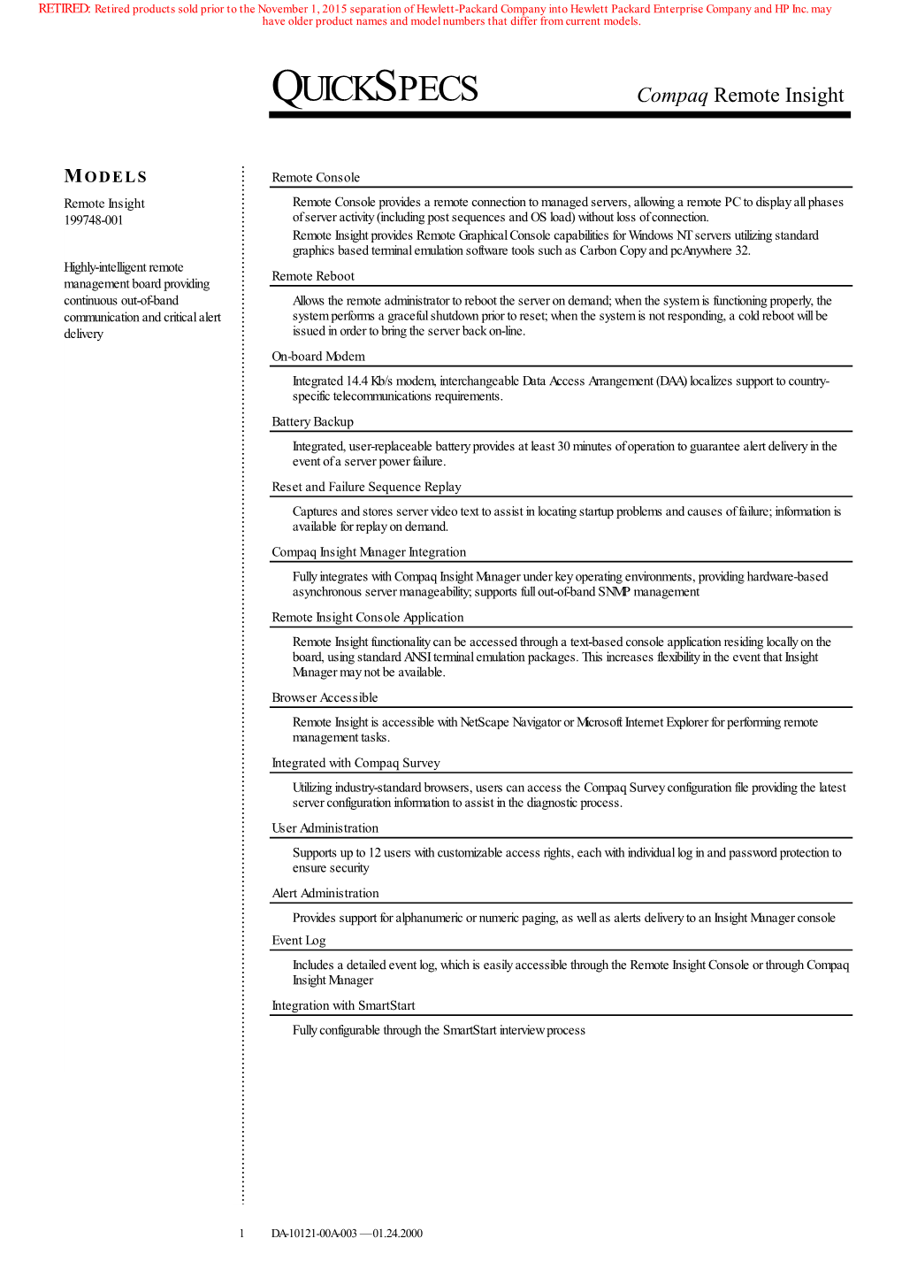 QUICKSPECS Compaq Remote Insight