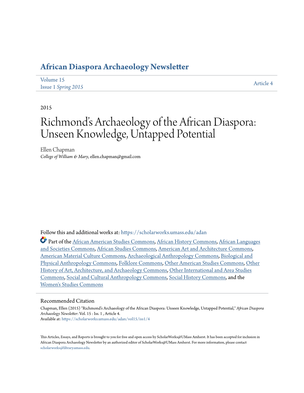 Richmond's Archaeology of the African Diaspora