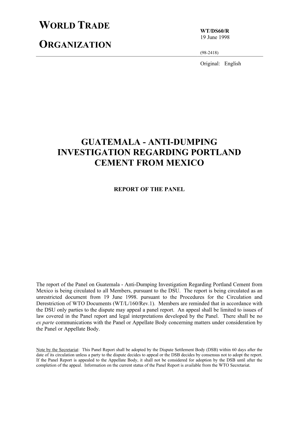 Guatemala - Anti-Dumping Investigation Regarding Portland Cement from Mexico