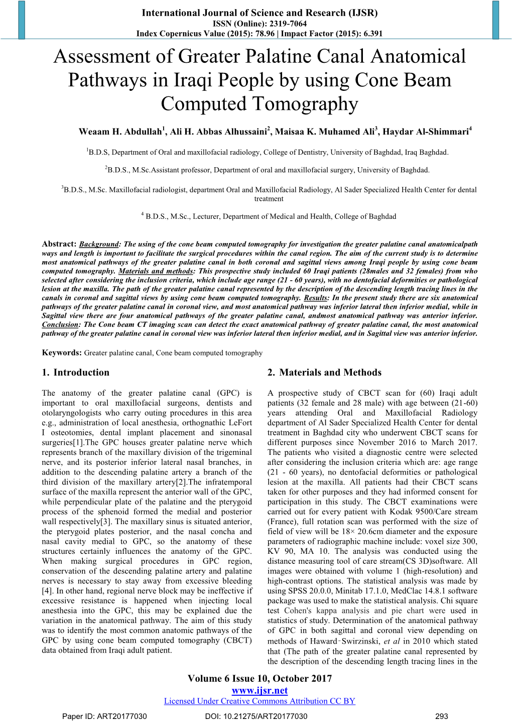 Assessment of Greater Palatine Canal Anatomical Pathways in Iraqi People by Using Cone Beam Computed Tomography