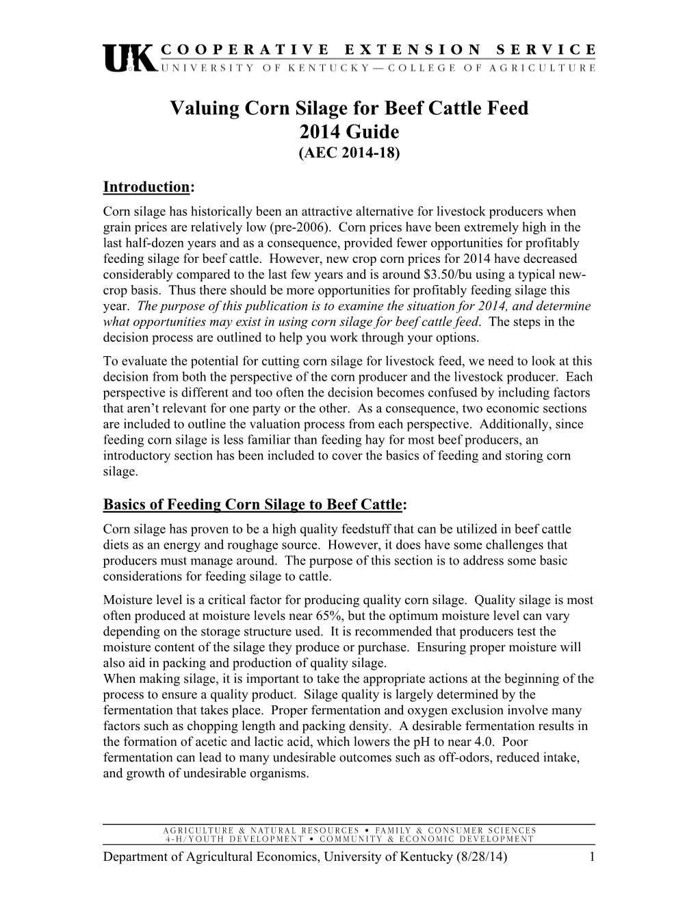 Valuing Corn Silage for Beef Cattle Feed 2014 Guide (AEC 2014-18)