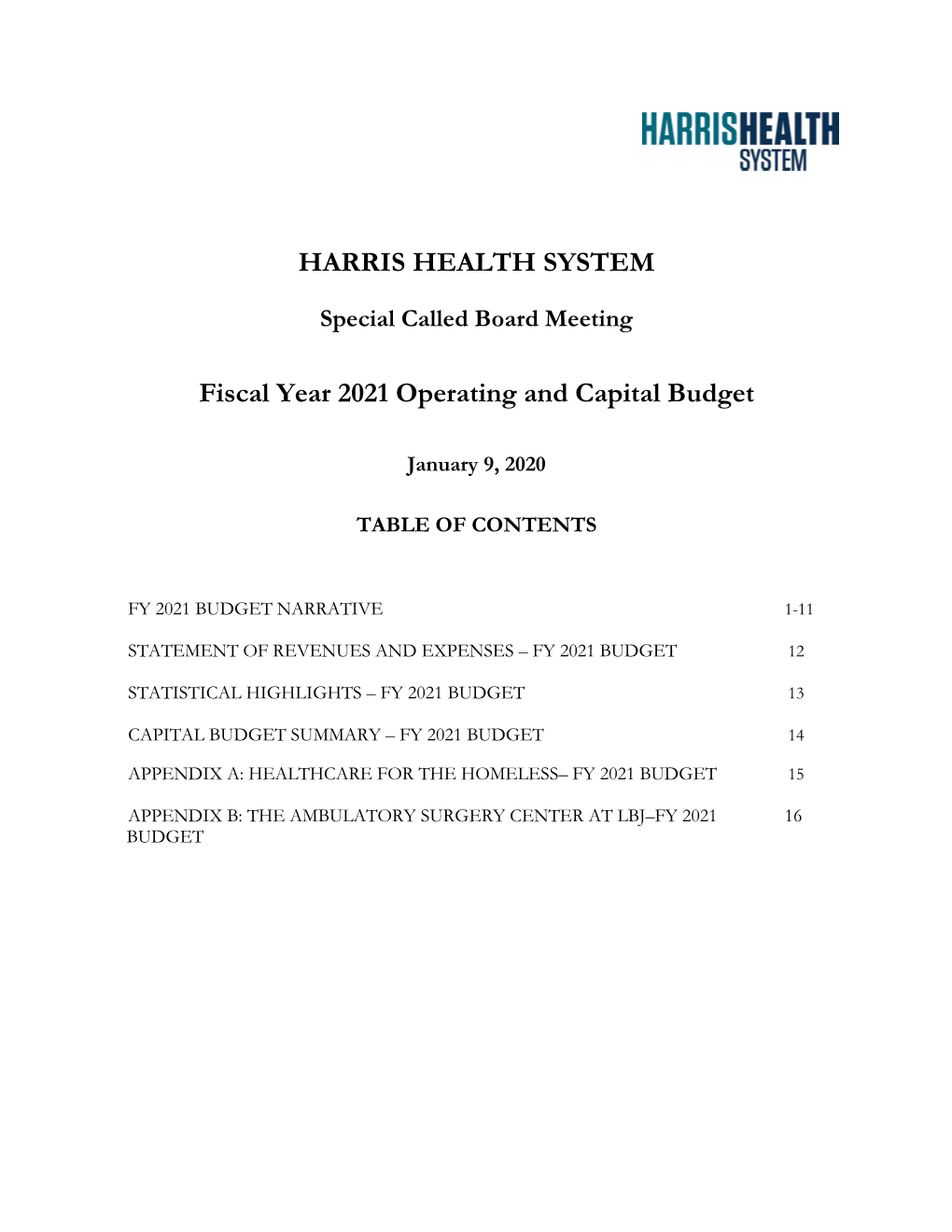 HARRIS HEALTH SYSTEM Fiscal Year 2021 Operating and Capital