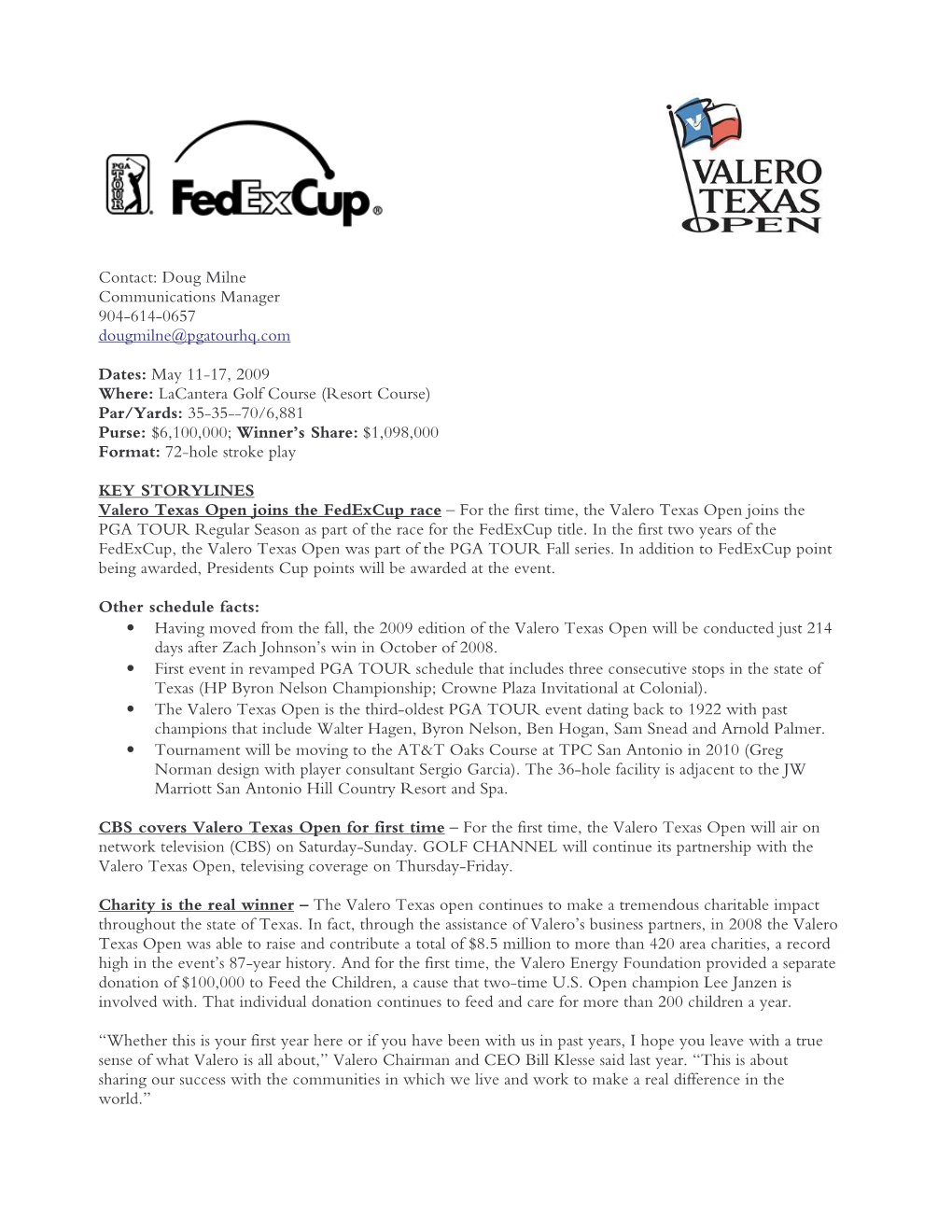 2009 Valero Texas Open News & Notes