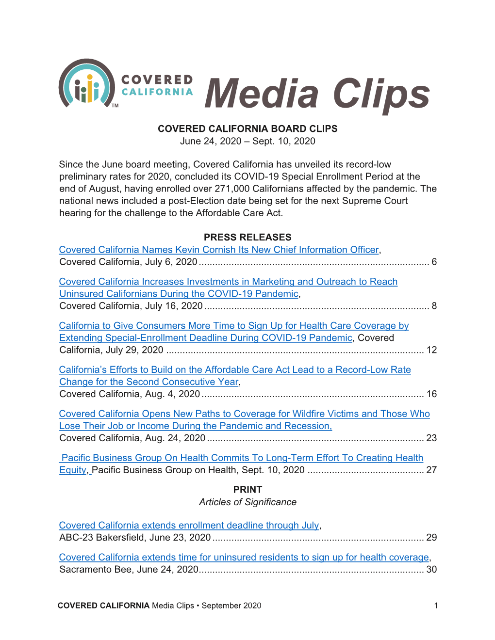 COVERED CALIFORNIA BOARD CLIPS June 24, 2020 – Sept