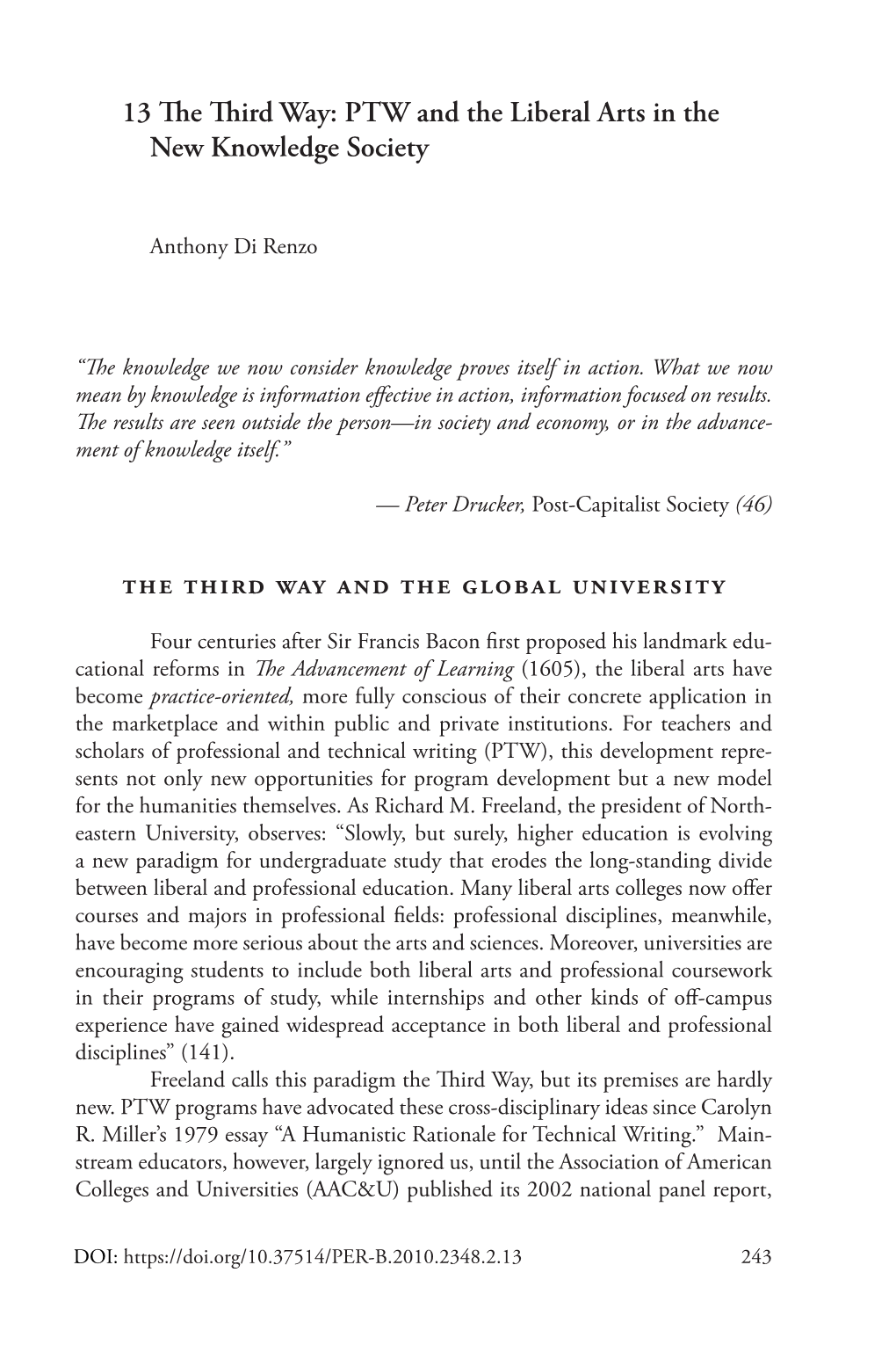 PTW and the Liberal Arts in the New Knowledge Society