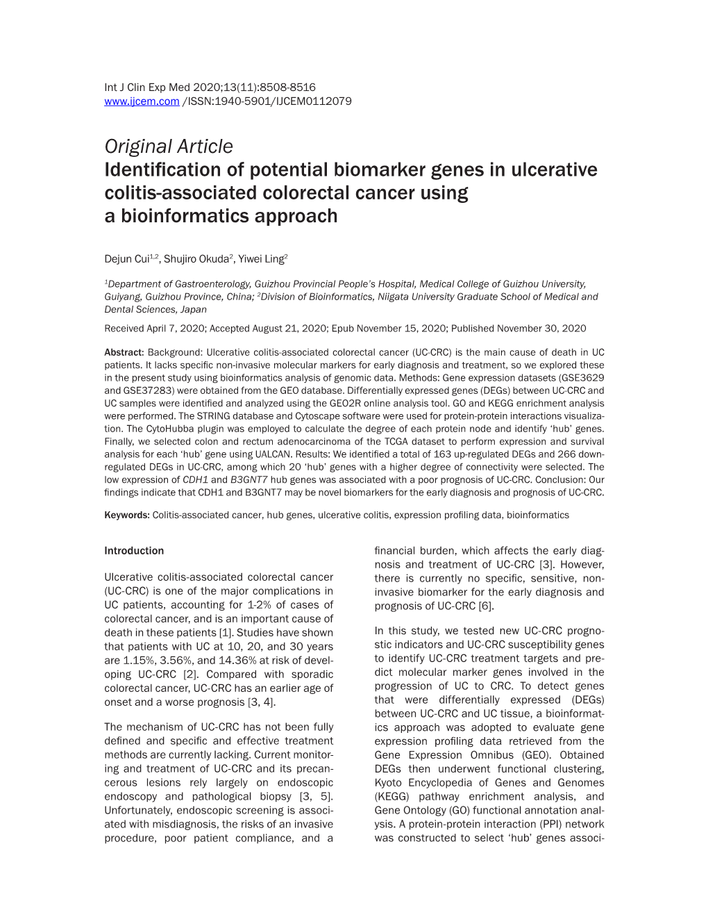 Original Article Identification of Potential Biomarker Genes in Ulcerative Colitis-Associated Colorectal Cancer Using a Bioinformatics Approach