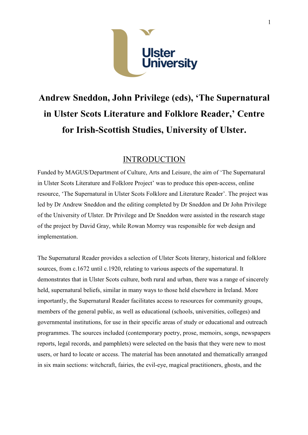 Andrew Sneddon, John Privilege (Eds), 'The Supernatural in Ulster Scots Literature and Folklore Reader,' Centre for Irish-Sc