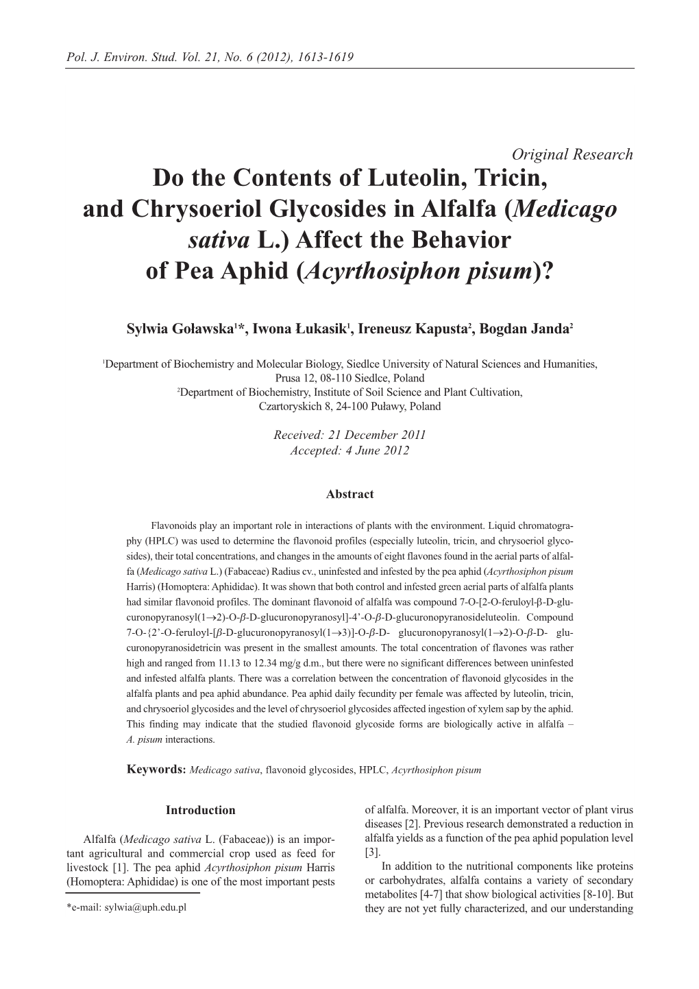 Do the Contents of Luteolin, Tricin, and Chrysoeriol Glycosides in Alfalfa (Medicago Sativa L.) Affect the Behavior of Pea Aphid (Acyrthosiphon Pisum)?