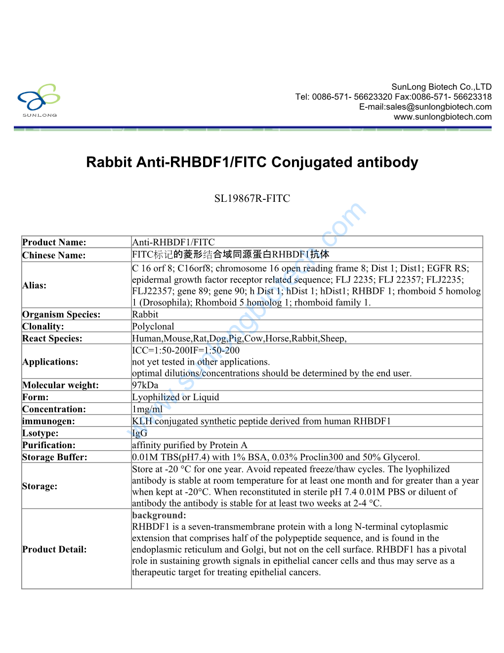 Rabbit Anti-RHBDF1/FITC Conjugated Antibody-SL19867R-FITC