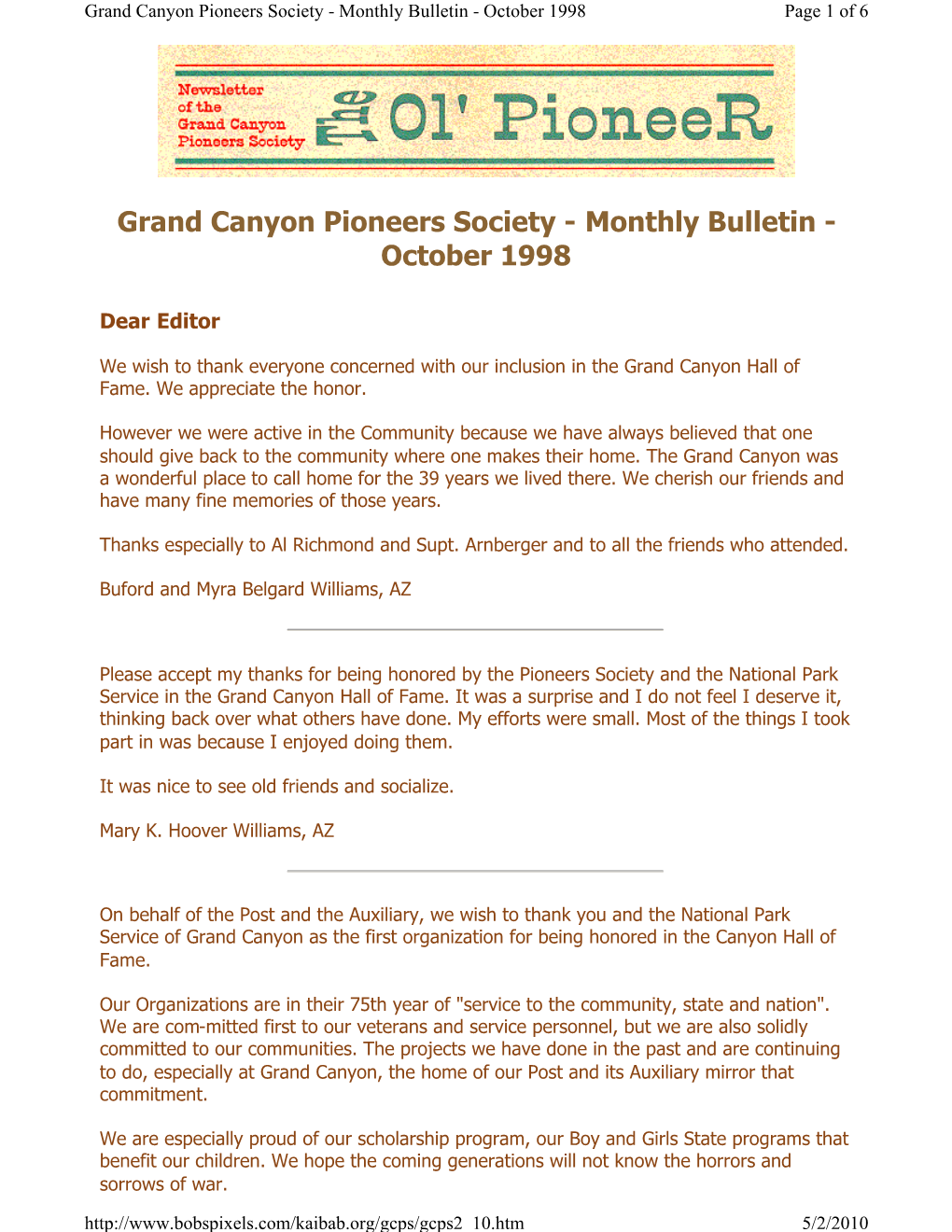 Grand Canyon Pioneers Society - Monthly Bulletin - October 1998 Page 1 of 6