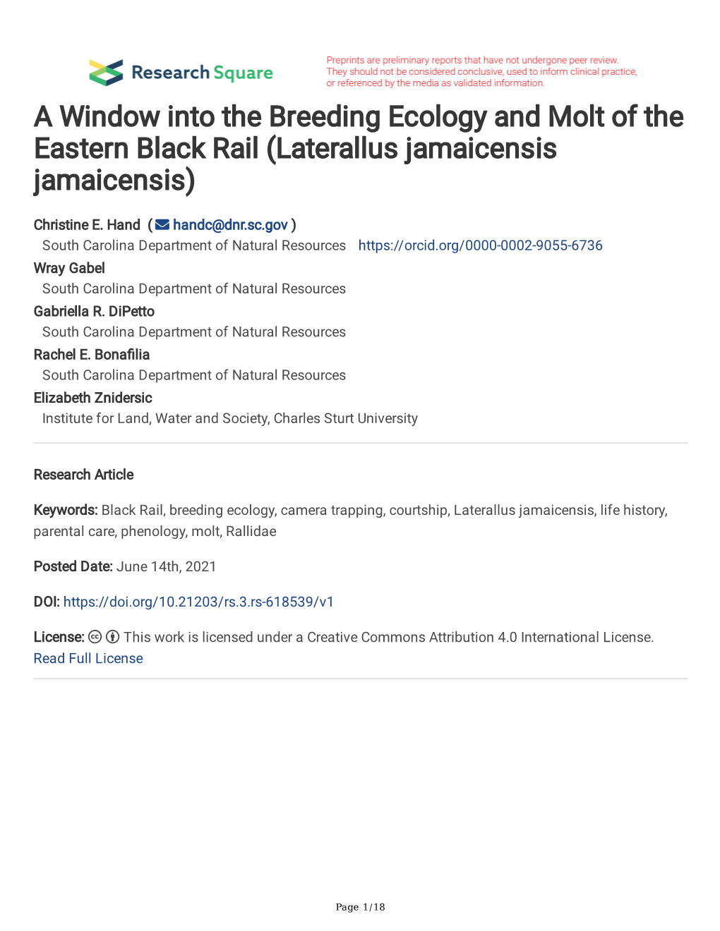 A Window Into the Breeding Ecology and Molt of the Eastern Black Rail (Laterallus Jamaicensis Jamaicensis)