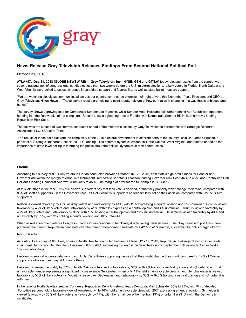 News Release Gray Television Releases Findings from Second National Political Poll