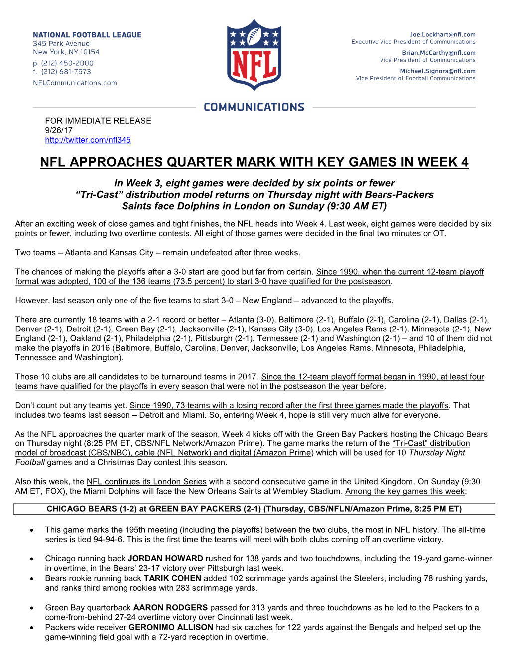 Nfl Approaches Quarter Mark with Key Games in Week 4