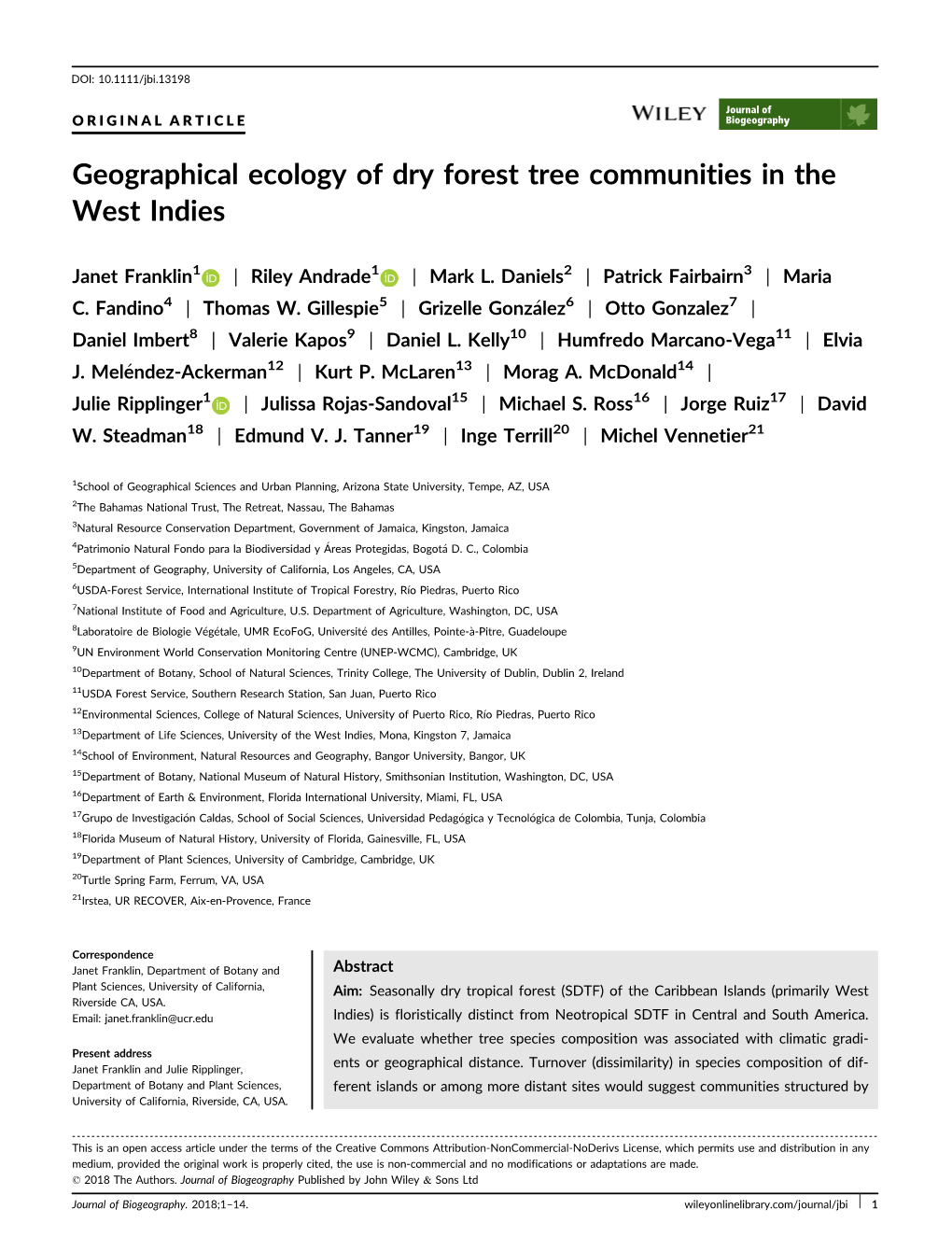 Geographical Ecology of Dry Forest Tree Communities in the West Indies