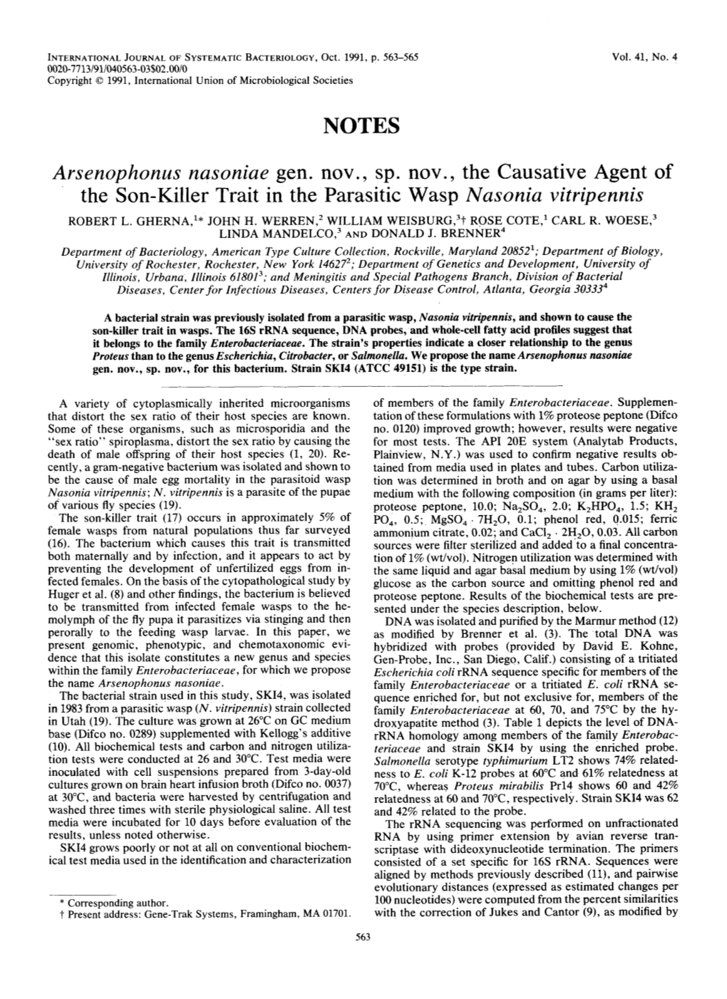 Arsenophonus Nasoniae Gen. Nov., Sp. Nov. the Causative Agent of the Son-Killer Trait in the Parasitic Wasp Nasonia Vitripennis ROBERT L